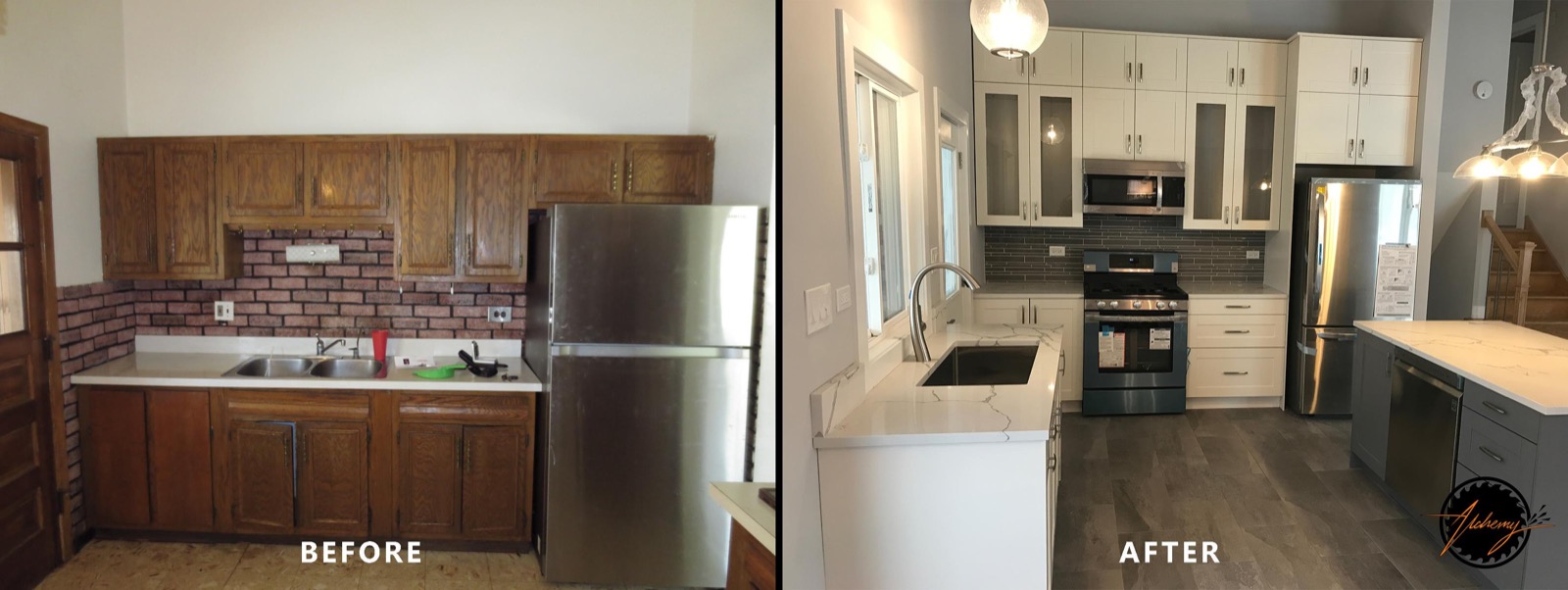 Before-and-after of the kitchen renovation: oak cabinets and brick backsplash on the left, finished white shaker / quartz / walnut island on the right.